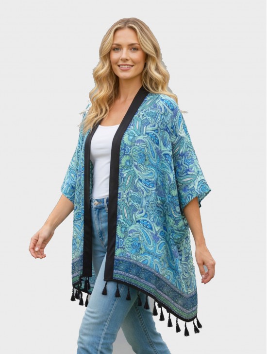 Summer Pattern Print Kimono W/ Tassel Detailing